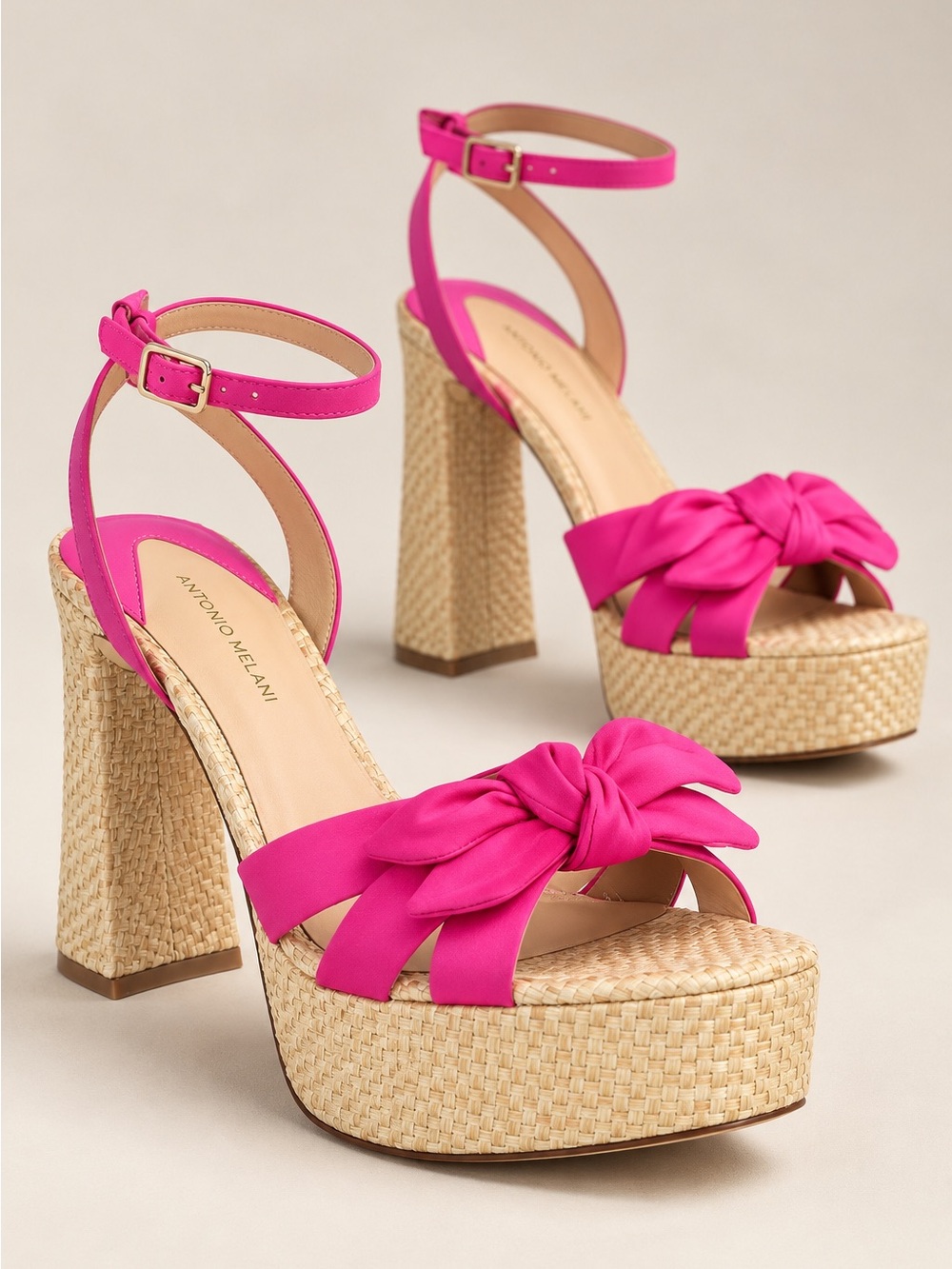 NWT Antonio Melani Bindi Pink Satin Bow Raffia Platform Heels Sandals Sz 8.5